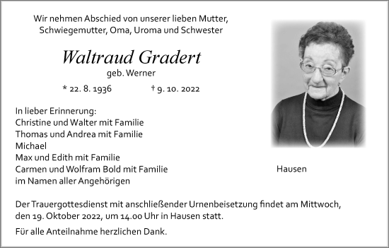 Anzeige von Waltraud Gradert von MGO