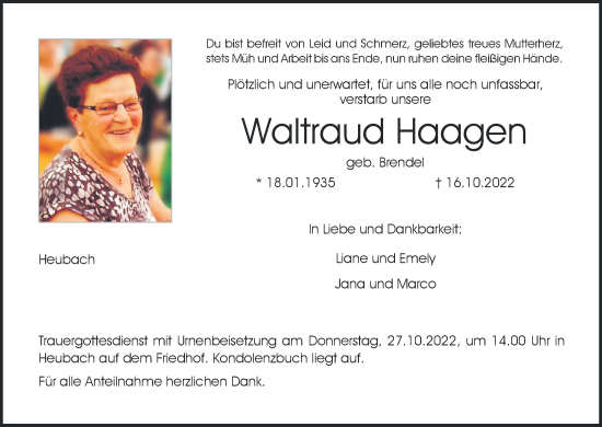 Anzeige von Waltraud Haagen von MGO