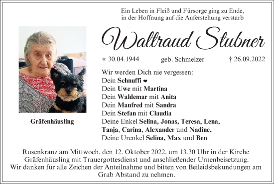 Anzeige von Waltraud Stubner von MGO