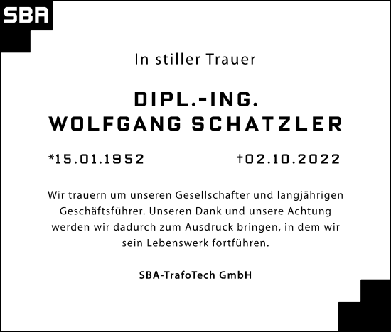 Anzeige von Wolfgang Schatzler von MGO