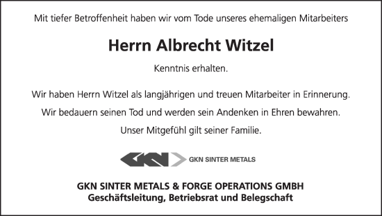 Anzeige von Albrecht Witzel von MGO