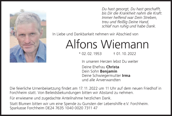 Anzeige von Alfons Wiemann von MGO