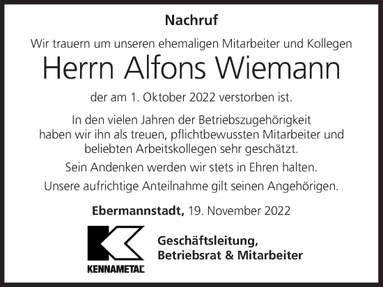 Anzeige von Alfons Wiemann von MGO