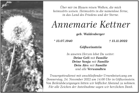 Anzeige von Annemarie Kettner von MGO