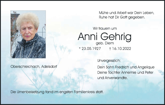 Anzeige von Anni Gehrig von MGO