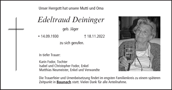 Anzeige von Edeltraud Deininger von MGO