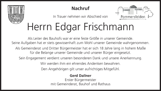 Anzeige von Edgar Frischmann von MGO