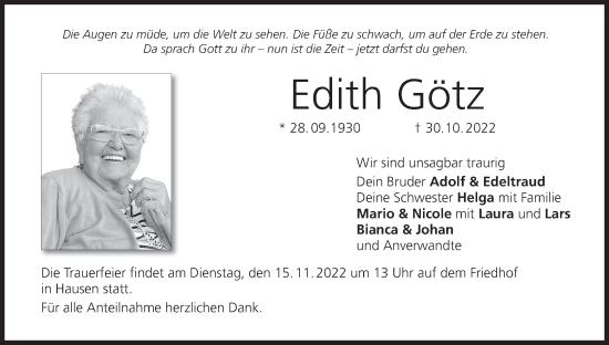 Anzeige von Edith Götz von MGO