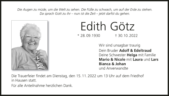 Anzeige von Edith Götz von MGO