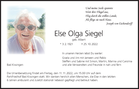 Anzeige von Else Olga Siegel von MGO