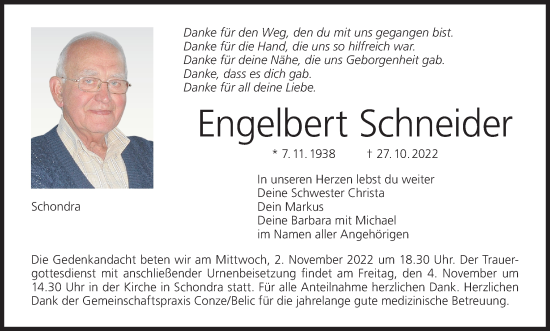 Anzeige von Engelbert Schneider von MGO
