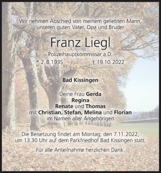 Anzeige von Franz Liegl von MGO