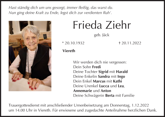 Anzeige von Frieda Ziehr von MGO