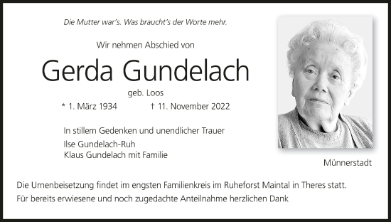 Anzeige von Gerda Gundelach von MGO