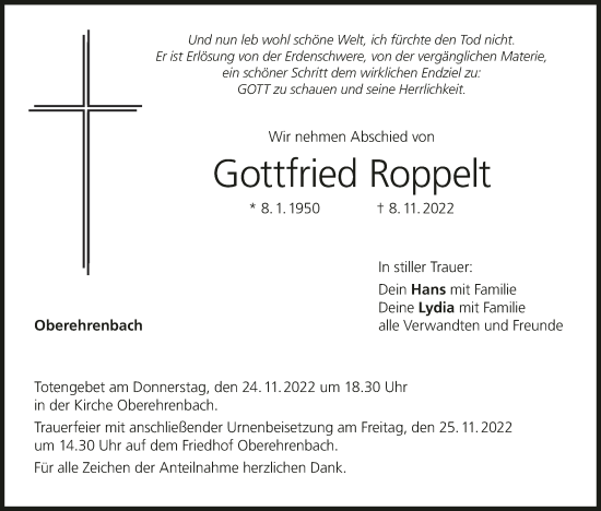 Anzeige von Gottfried Roppelt von MGO