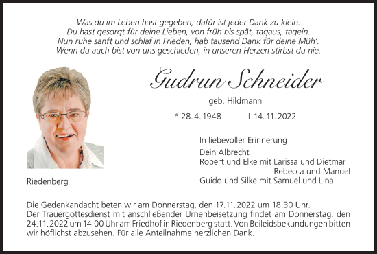 Anzeige von Gudrun Schneider von MGO