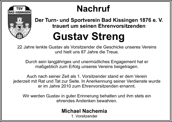 Anzeige von Gustav Streng von MGO