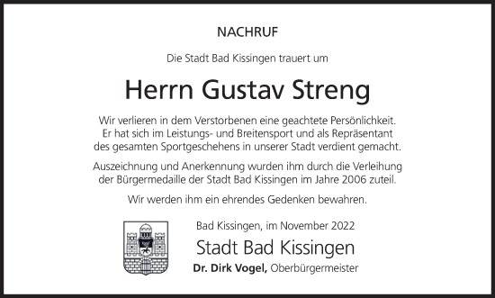 Anzeige von Gustav Streng von MGO