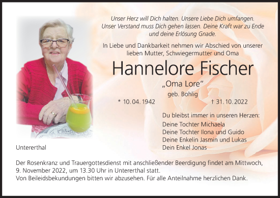 Anzeige von Hannelore Fischer von MGO