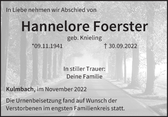 Anzeige von Hannelore Foerster von MGO