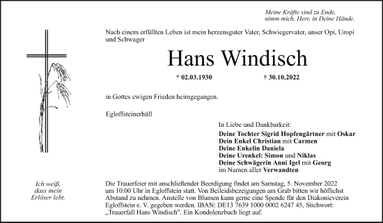 Anzeige von Hans Windisch von MGO