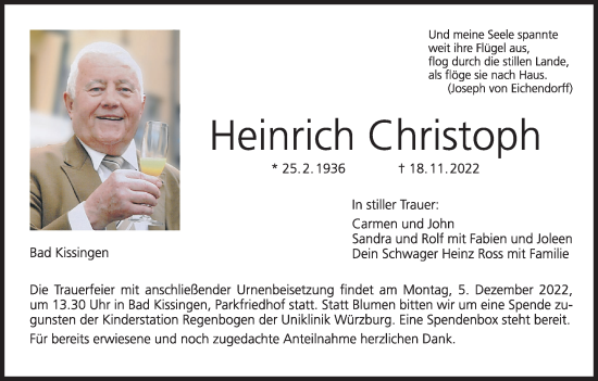 Anzeige von Heinrich Christoph von MGO