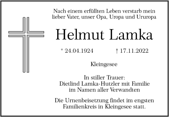 Anzeige von Helmut Lamka von MGO