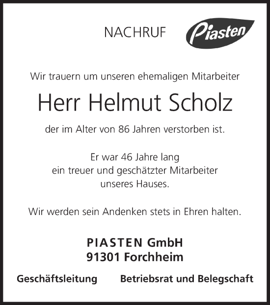 Anzeige von Helmut Scholz von MGO