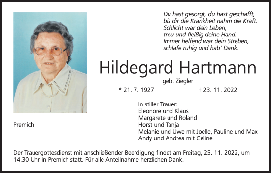 Anzeige von Hildegard Hartmann von MGO