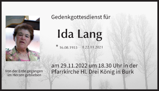 Anzeige von Ida  Lang von MGO