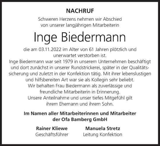 Anzeige von Inge Biedermann von MGO