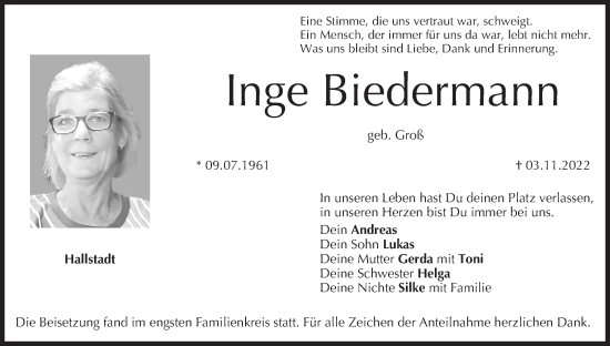 Anzeige von Inge Biedermann von MGO