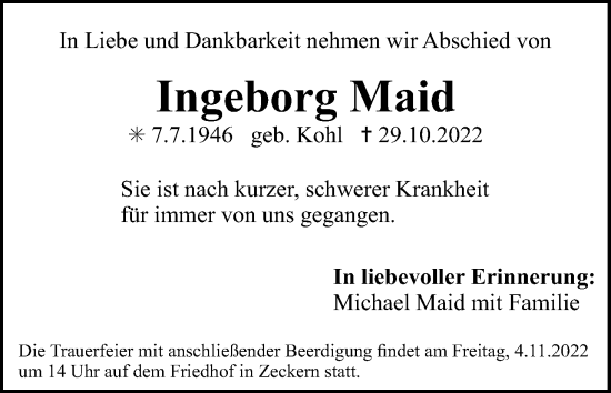 Anzeige von Ingeborg Maid von MGO