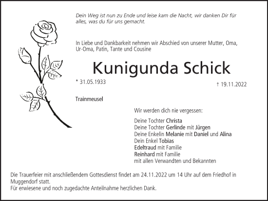 Anzeige von Kunigunda Schick von MGO