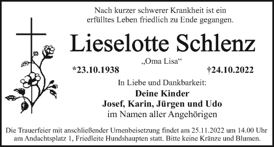 Anzeige von Lieselotte Schlenz von MGO