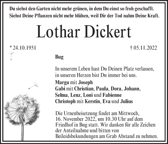 Anzeige von Lothar Dickert von MGO