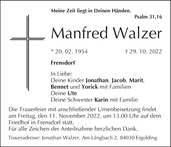 Anzeige von Manfred Walzer von MGO