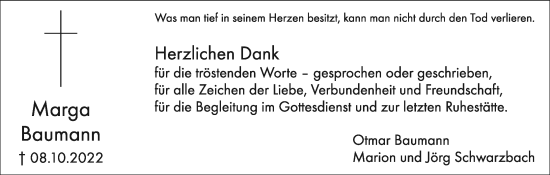 Anzeige von Marga Baumann von MGO