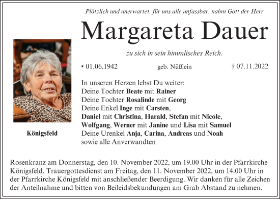Anzeige von Margareta Dauer von MGO
