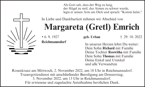 Anzeige von Margareta Gretl Emrich von MGO