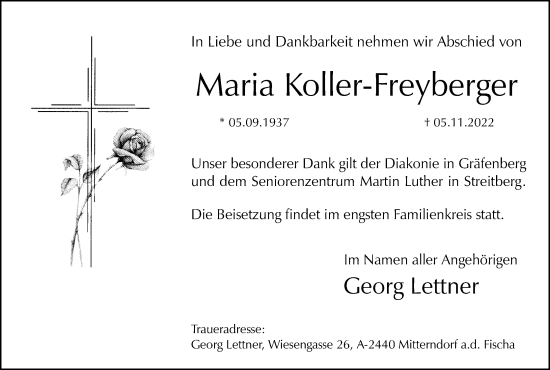 Anzeige von Maria Koller-Freyberger von MGO
