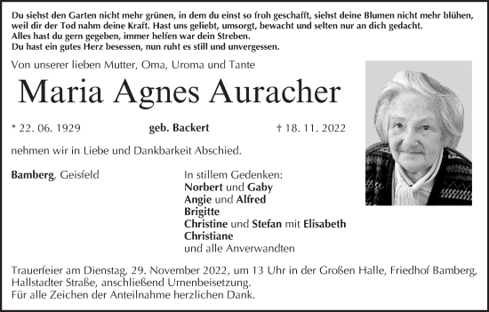 Anzeige von Maria Agnes Auracher von MGO