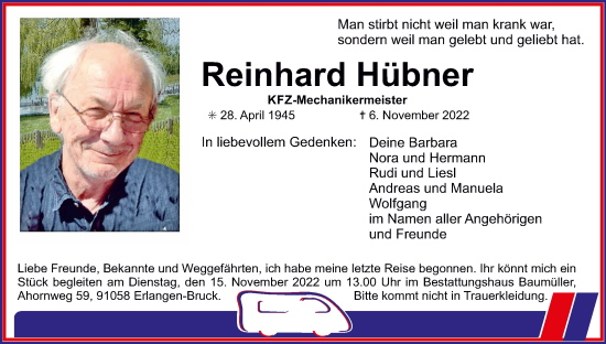 Anzeige von Reinhard Hübner von MGO