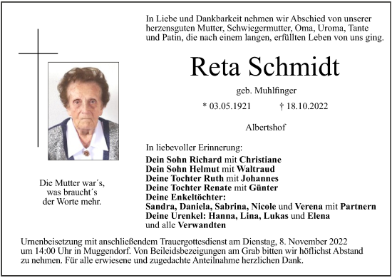 Anzeige von Reta Schmidt von MGO
