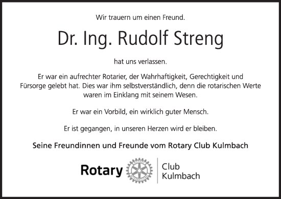 Anzeige von Rudolf Streng von MGO
