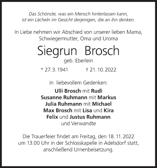 Anzeige von Siegrun Brosch von MGO