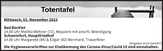 Anzeige von Totentafel vom 01.11.2022 von MGO