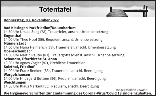 Anzeige von Totentafel vom 03.11.2022 von MGO
