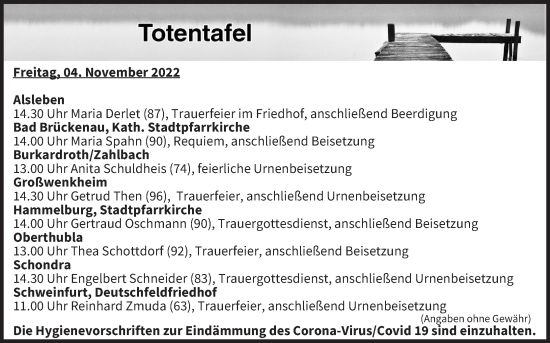 Anzeige von Totentafel vom 04.11.2022 von MGO