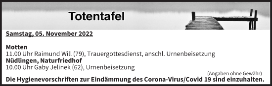 Anzeige von Totentafel vom 05.11.2022 von MGO